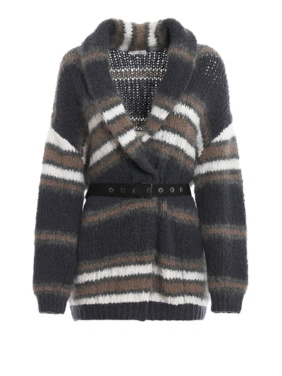 Brunello Cucinelli Striped Wool And Mohair Belted Cardigan In Grey