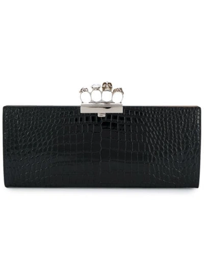 Alexander Mcqueen Four Ring Croc Embossed Leather Clutch In Black