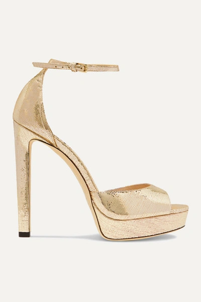 JIMMY CHOO PATTIE 130 METALLIC LIZARD-EFFECT LEATHER PLATFORM SANDALS 