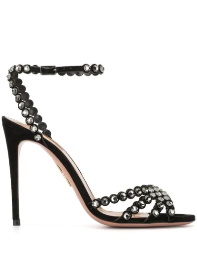 Aquazzura Tequila 105 Crystal-embellished Suede Sandals In Black