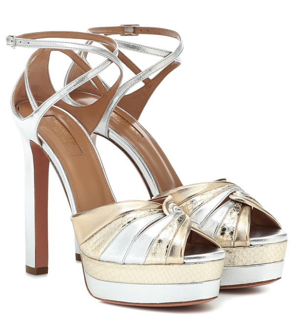 Aquazzura La Di Da 130 Two Tone Metallic Leather Platform Sandals In Silver Modesens