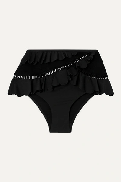 Zimmermann Edie Mesh-paneled Ruffled Bikini Briefs In Black