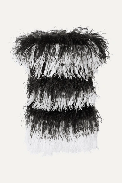 Saint Laurent Strapless Feather-embellished Velvet And Sequined Mesh Mini Dress In Black
