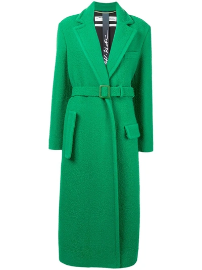 Off-white Belted Collared Coat In Green