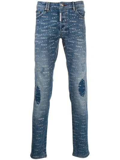 Philipp Plein Logo Print Slim-fit Jeans In Blue