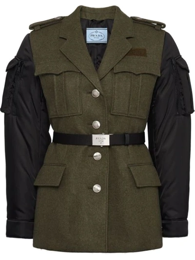 Prada Belted Nylon Sleeve Panelled Military Jacket In Green