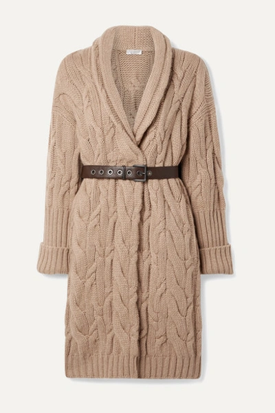 Brunello Cucinelli Oversized Belted Cable-knit Cashmere Cardigan In Camel