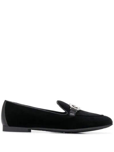 Ferragamo Crystal Embellished Logo Loafers In Black