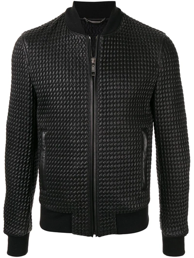 Dolce & Gabbana Textured Leather Bomber Jacket In Black