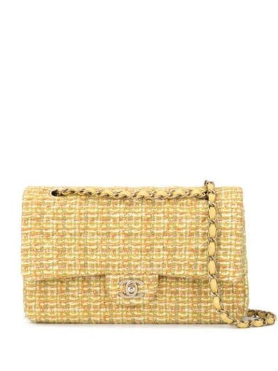 Pre-owned Chanel Double Flap Tweed Shoulder Bag In Yellow