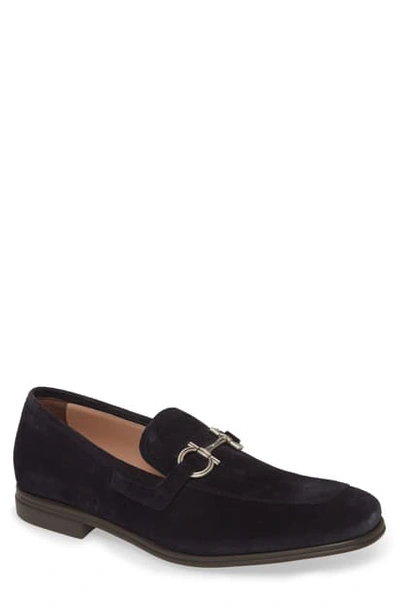 Ferragamo Men's Scarlet Gancini-bit Suede Loafers In Dark Blue