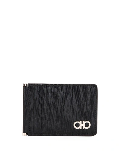 Ferragamo Men's Leather Card Case W/ Brass Hardware In Black