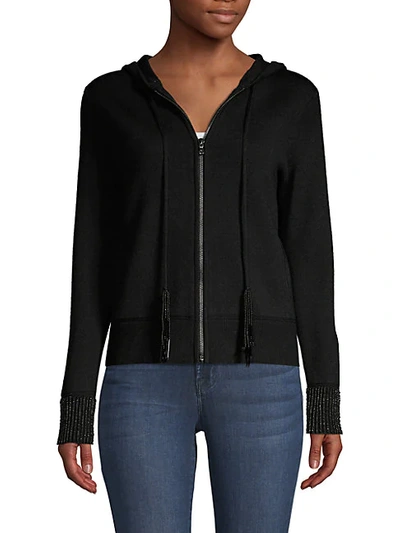 Kobi Halperin Reta Zip-front Long-sleeve Fringe-trim Hooded Sweater In Black