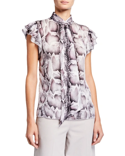 Elie Tahari Bree Snake-print Tie-neck Flutter-sleeve Silk Shirt In Quartz Multi