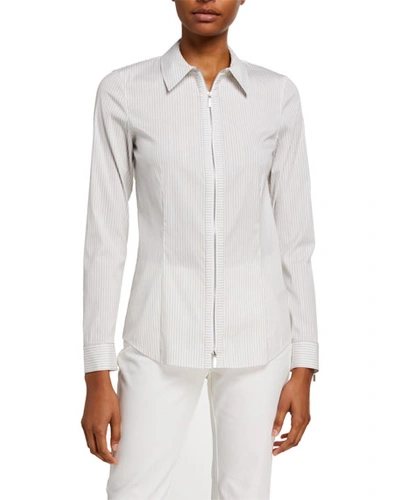 Lafayette 148 Connor Glistening Stripe Zip-front Shirting Blouse In White Multi