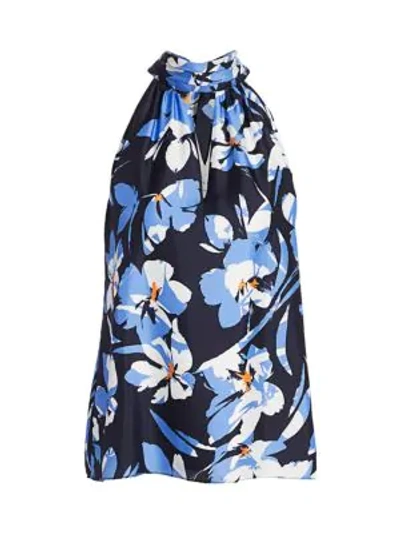 Milly Emmie Hibiscus Print Silk Halter Top In Navy