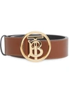 Burberry Men's Tb-buckle Topstitched Leather Belt In Tan