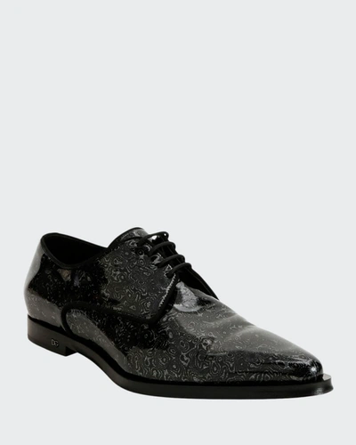 Dolce & Gabbana Men's Printed Patent Leather Point-toe Derby Shoes In Black