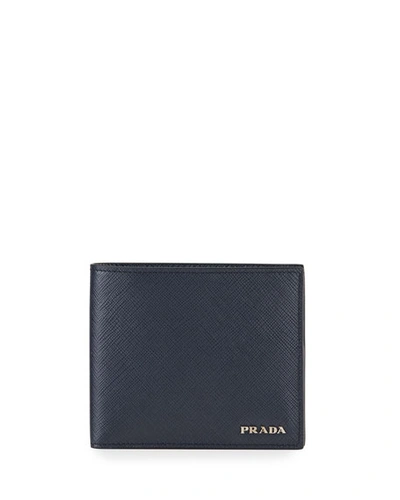 Prada Men's Saffiano Leather Contrast-logo Wallet In Blue