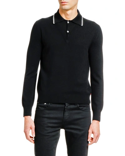 Alexander Mcqueen Men's Long-sleeve Striped-collar Polo Sweater In Black/white