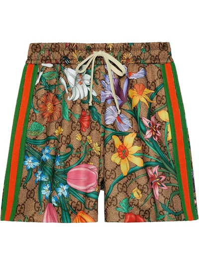 Gucci Drawstring Flora Jersey Gg Shorts In Brown