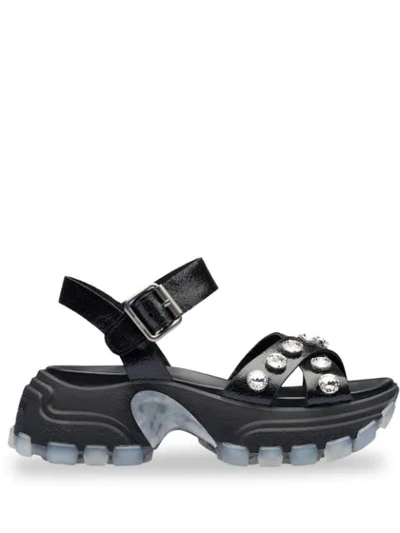 Miu Miu Embellished Chunky Sole Leather Sandals In Black