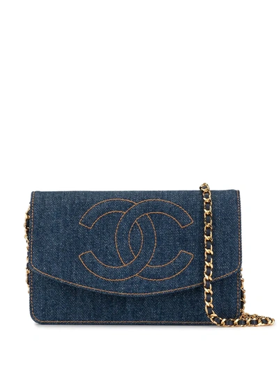 Pre-owned Chanel 1997 Cc Stitch Chain Wallet In Blue