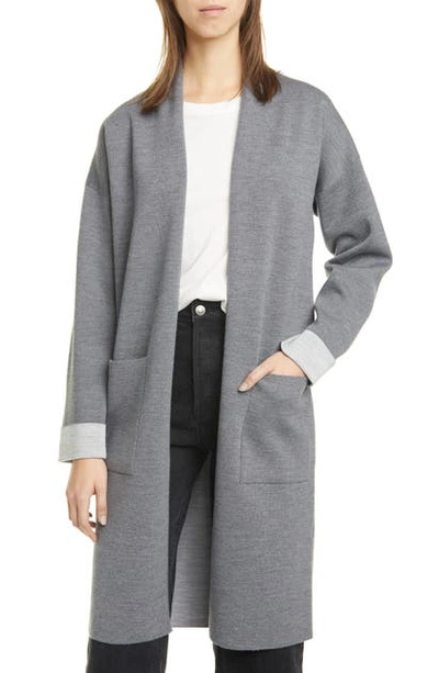 Theory Open Front Double Face Wool Blend Long Cardigan In Light Grey