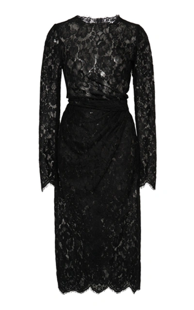 Dolce & Gabbana Gathered Guipure Lace Midi Dress In Black