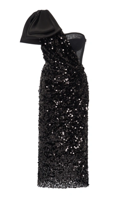 Dolce & Gabbana Bow-detailed One-shoulder Sequined Midi Dress In Black