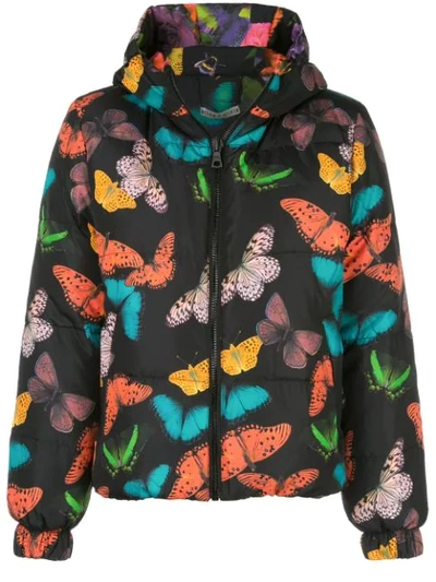 Alice And Olivia 'durham' Butterfly Print Reversible Hooded Puffer Jacket In Multi-colour