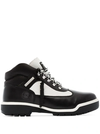 Mastermind Japan Field Boot Combat Boots In White Leather And Fabric In Black&white