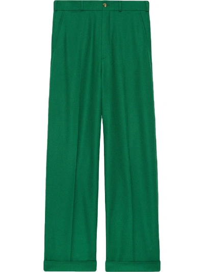 Gucci Flannel Wool Wide Leg Trouser In Green