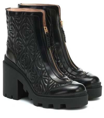 Gucci G Rhombus Leather Mid-heel Ankle Boot In Black
