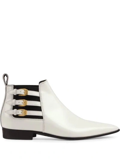 Gucci Pointed Side Buckle Ankle Boots In Great White & Black