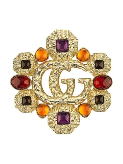Gucci Double G Brooch With Cabochon Stones In Gold