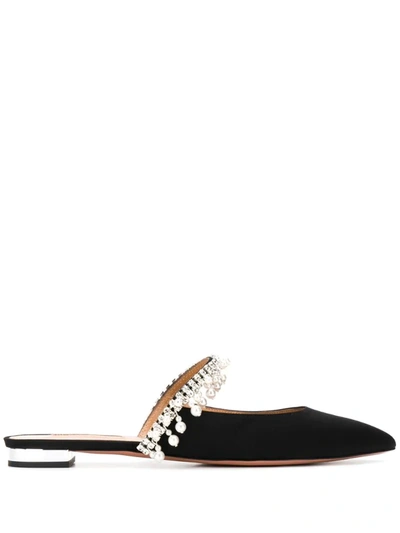 Aquazzura Exquisite Crystal And Faux Pearl-embellished Grosgrain Slippers In Black