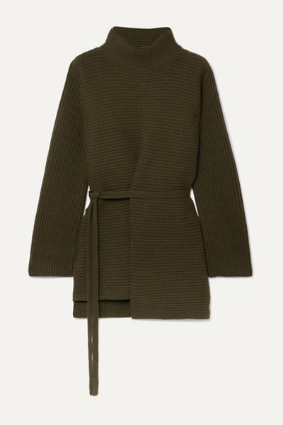 Vince Belted Asymmetric Ribbed Wool And Cashmere-blend Turtleneck Sweater In Army Green