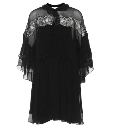 Chloé Lace-paneled Ruffled Plissé-silk Georgette Mini Dress In Black