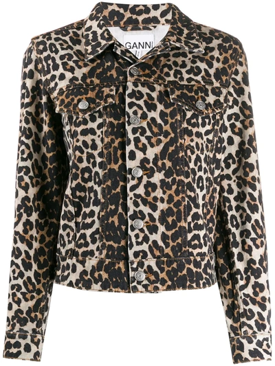 Ganni Leopard Print Side Zip Denim Jacket