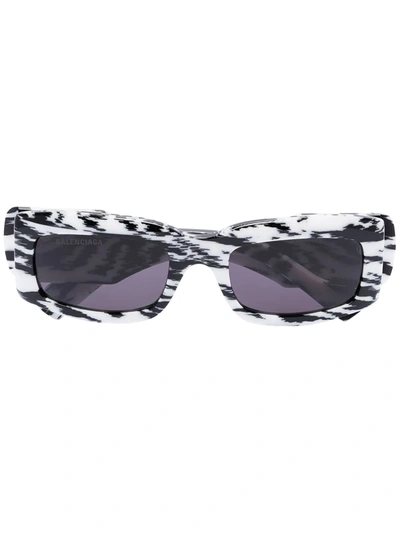Balenciaga Black And White Rectangular Zebra Print Bb Logo Sunglasses
