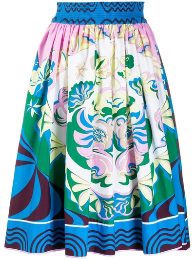Emilio Pucci Shirred Printed Stretch-cotton Poplin Skirt In Blue