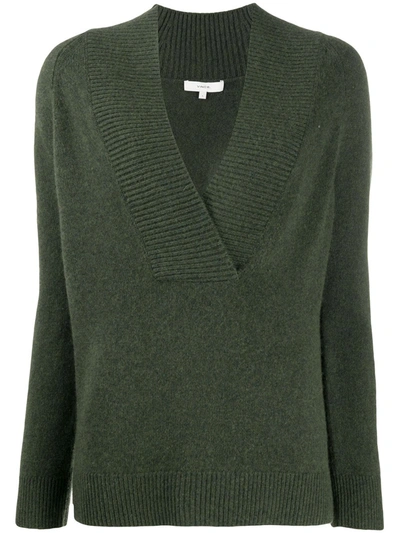 Vince Ribbed Detail Wrap Front Wool & Cashmere Tunic Sweater In Green