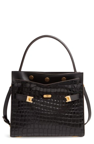 Tory Burch Small Lee Radziwill Croc Embossed Leather Double Bag In Black