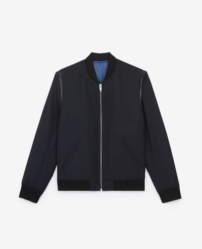 The Kooples Leather Detail Blended Blue Rock-style Wool Jacket In Navy
