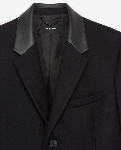 The Kooples Long Black Wool Coat With Leather Lapel Collar