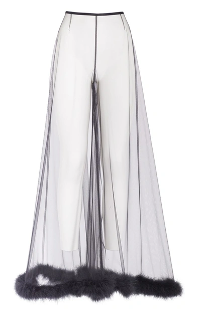 Rosamosario Peter Pan Trousers In Tulle Decorated With Black Feathers In White