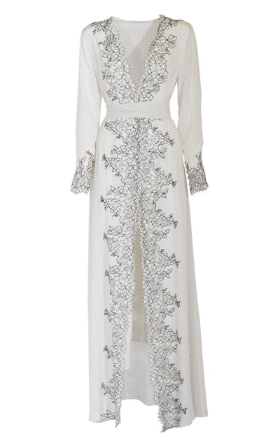 Rosamosario Chaplin's Love" Silk Crepe Printed Polka-dots Long Robe With Lace" In White