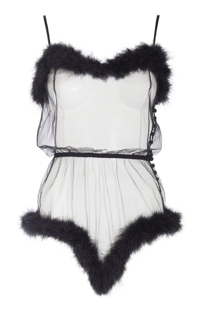 Rosamosario Peter Pan Body In Tulle Decorated With Black Feathers In White