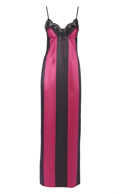 Rosamosario Wallah, Let's Stripes!" Silk Satin Large Stripes Long Dress With Lace" In Pink
